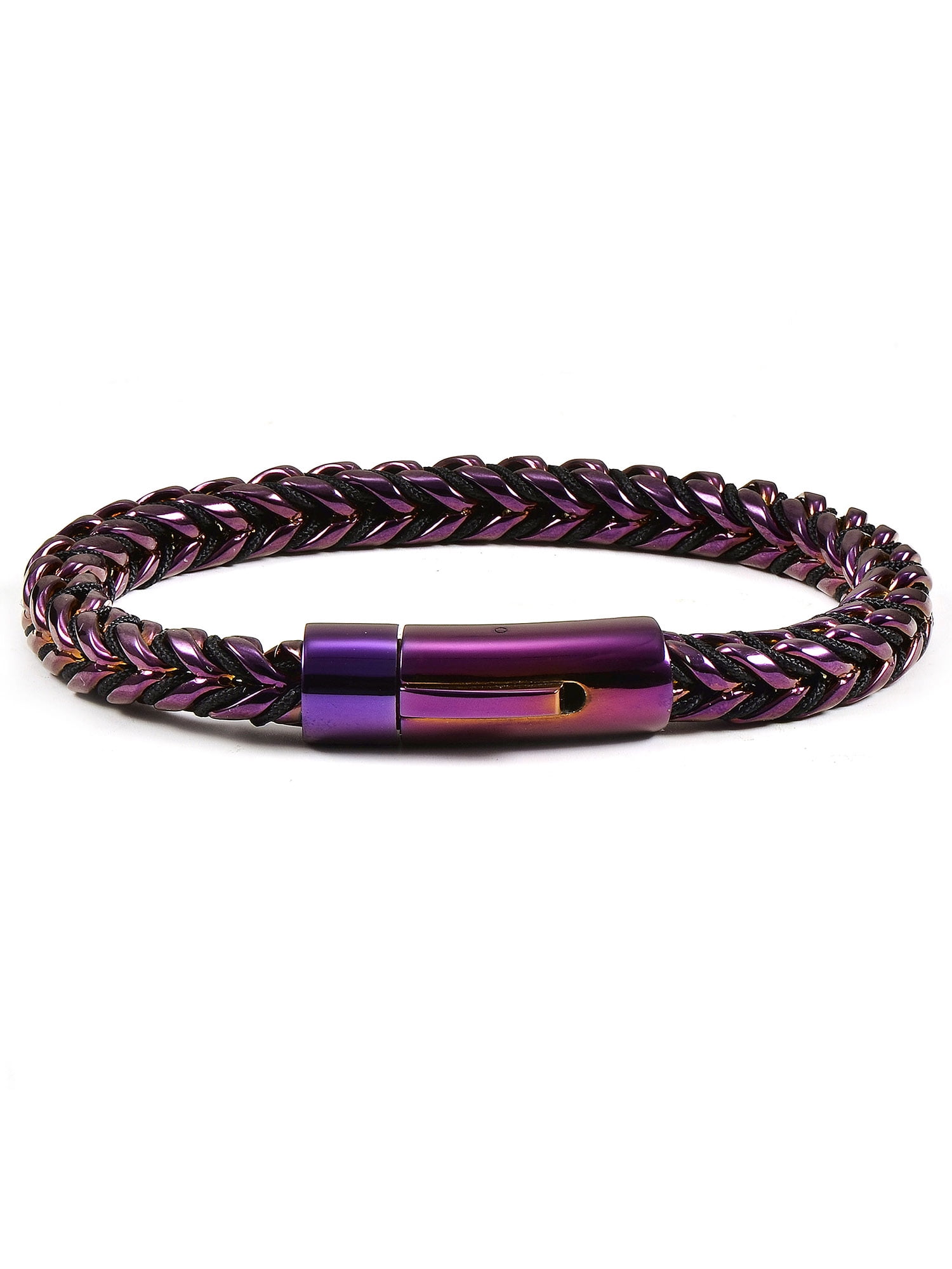 Crucible Jewelry Men's Polished Purple Plated Stainless Steel Franco Chain and Nylon Cord Bracelet (7mm) - 8"