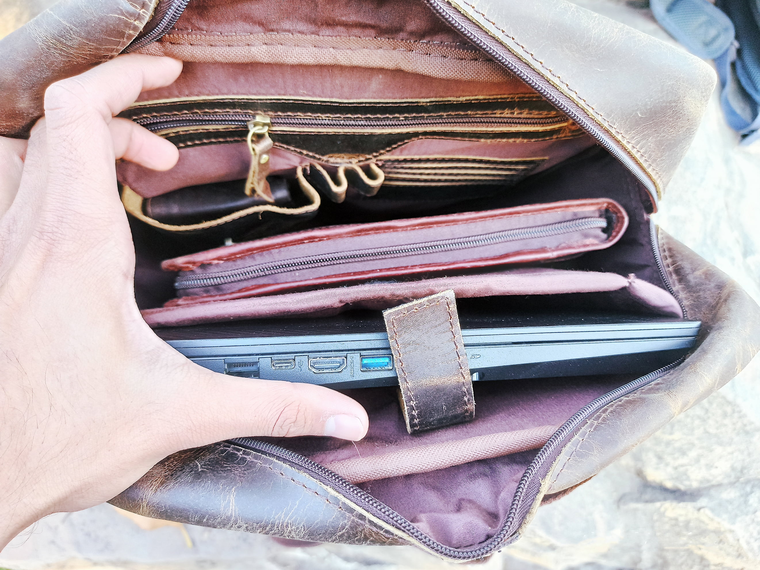 Leather Backpack Multi Pockets Daypack Travel Laptop Bag for Men Women