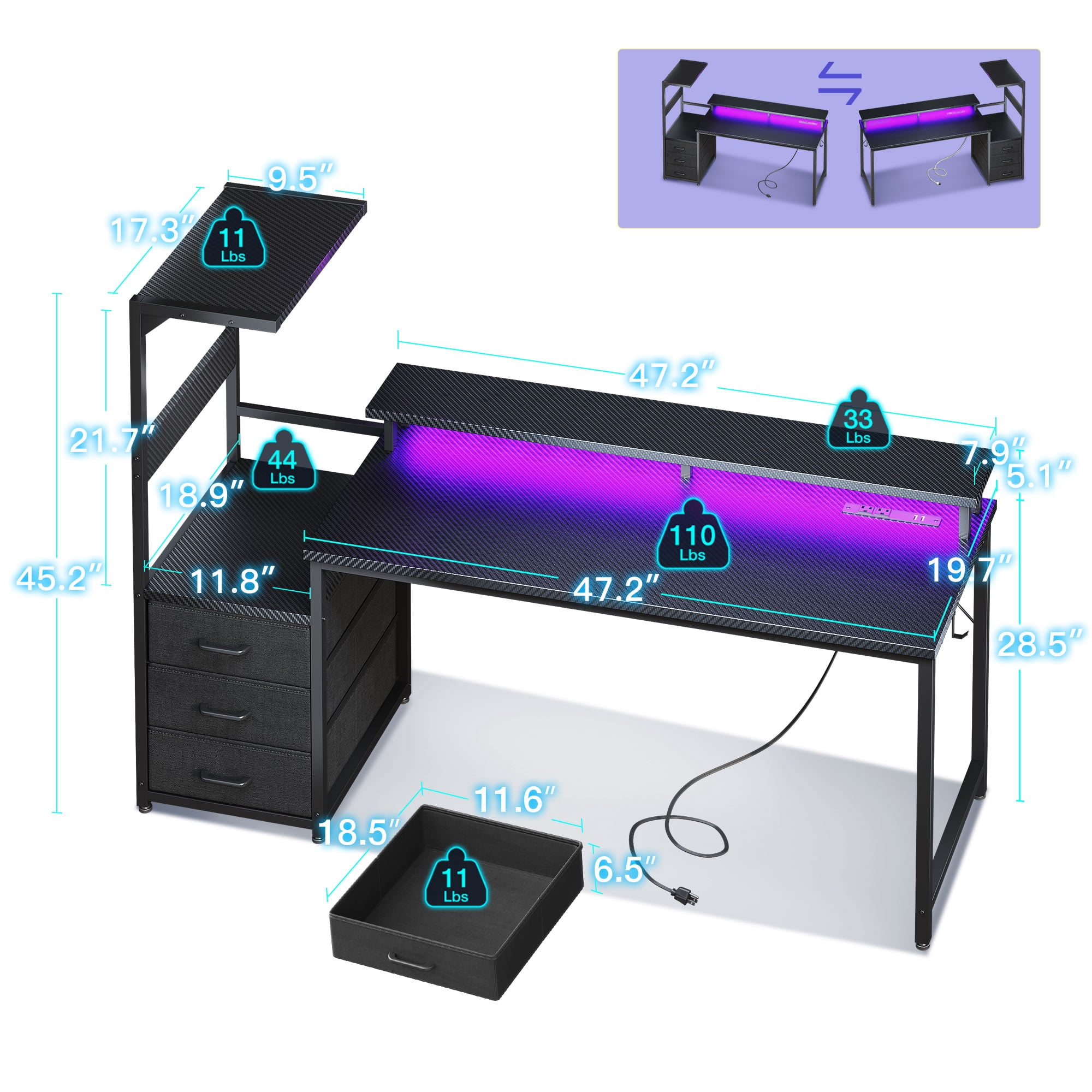 59" Gaming Desk with LED Lights & Reversible Storage Drawer, LED Gamer Desk for Home and Office, Computer Office Desk with with Headphone Hook, Carbon Fiber Black