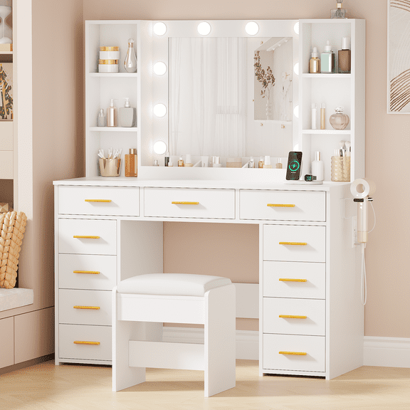 BEWISHOME Makeup Vanity Set with 3 Color Lighted Mirror & Charging Station, White Dressing Table with 11 Drawers 9 Shelves