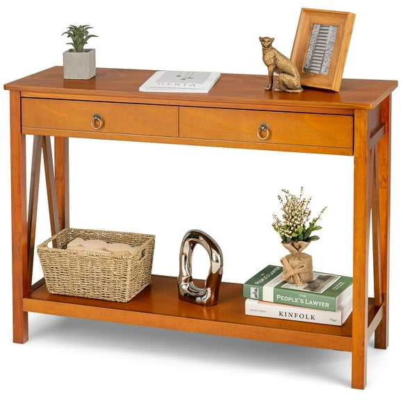 Console Table, Sofa Side Narrow Table w/Open Shelf & Drawer, Modern Couch Table for Entryway, Hallway Living Room, Bedroom, Cherry