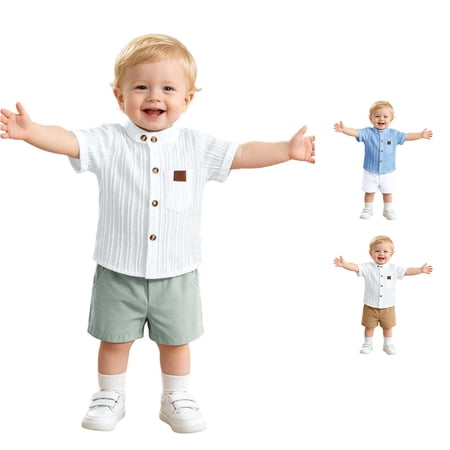 Rggeeun Baby Boys Outfit Sets Solid Color Ribbed Short Sleeve Crew Neck Button Up Pocket Soft Top & Elastic Waist with Side Pockets Shorts for Summer Holiday Beach Leisure Set Green 12-18 Months