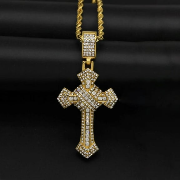 Hip Hop Bling Iced Out 14K Yellow Gold Cross Pendants Necklace for Men Rapper Jewelry Golden Silver Color