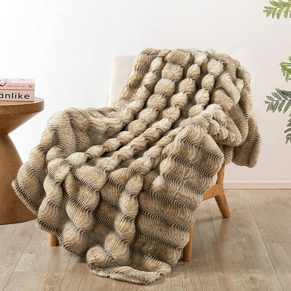 Home Soft Things Thick Stripe Faux Fur Throw Blanket with Micromink Back, Luxury Soft Cozy Plush Fluffy Fuzzy Reversible Thick Warm Throw Blanket, 50x60 inches, Brown
