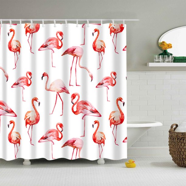 Cortina de ducha Perfecl extra tela flamingo con 12 ganchos