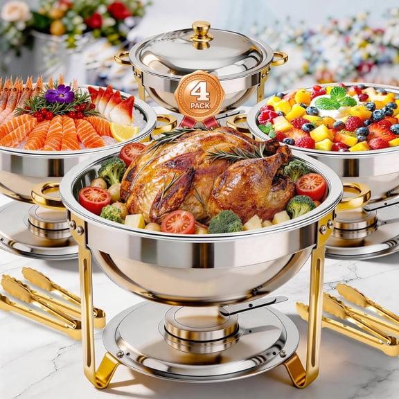 Chafing Dish Buffet Set with 4 Food Tongs, 5.3 QT Stainless Steel Chafing Dishes Round Buffet Food Warmer Chafers Set for Parties Catering Event, Lid Holder 4PCS