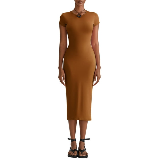 Gupgi Robe T-Shirt pour Femme Décontractée d'Été une Pièce Couleur Unie à Manches Courtes Coupe Ajustée Basique Midi