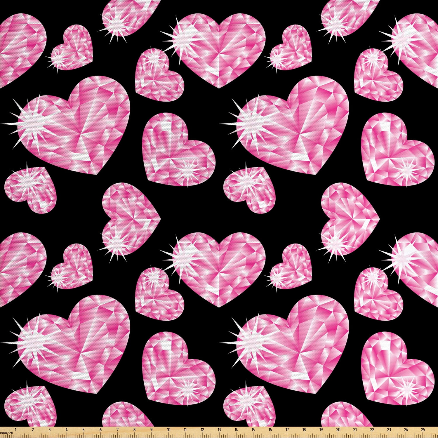 Diamonds Fabric by The Yard, Romantic Pink Heart Stones on Black
