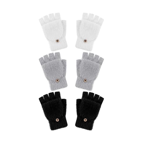 wonima44 Geyoga 3 Pairs Kids Fingerless Gloves Winter Flip Gloves Warm Convertible Mitten for Girls Teenager Half Fingerless Mittens