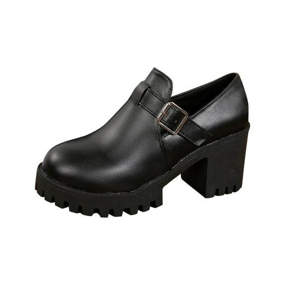 Black Feminine Loafers With Round Toe Belt Buckle Thick Bottom And Block Heel For Everyday Comfort And Style