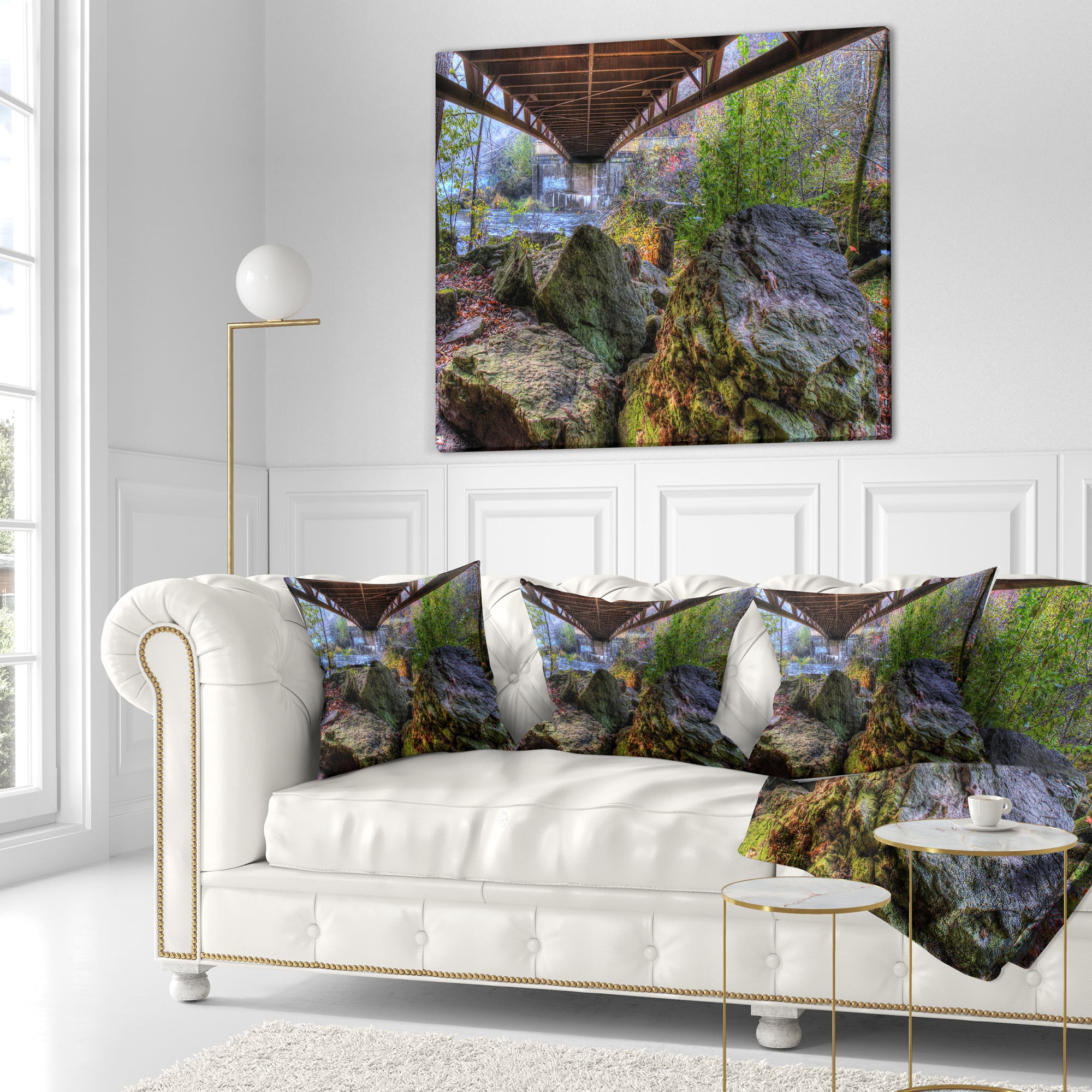 Designart Large Rocks Under Bridge in Creek - Landscape Photography Throw Pillow - 18x18