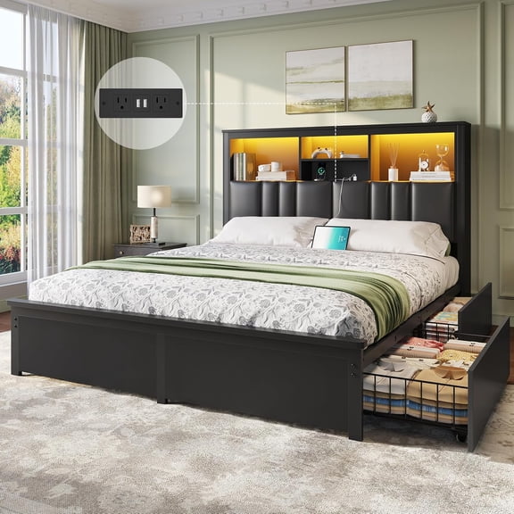 Mabor Queen Size Bed with 4 Drawers,Bed Frame with Upholstered Bookcase Headboard & Hidden Storage,Queen Size Bed Frame with LED Lights and Charging Station, Heavy-Duty Metal Platform Bed,Black