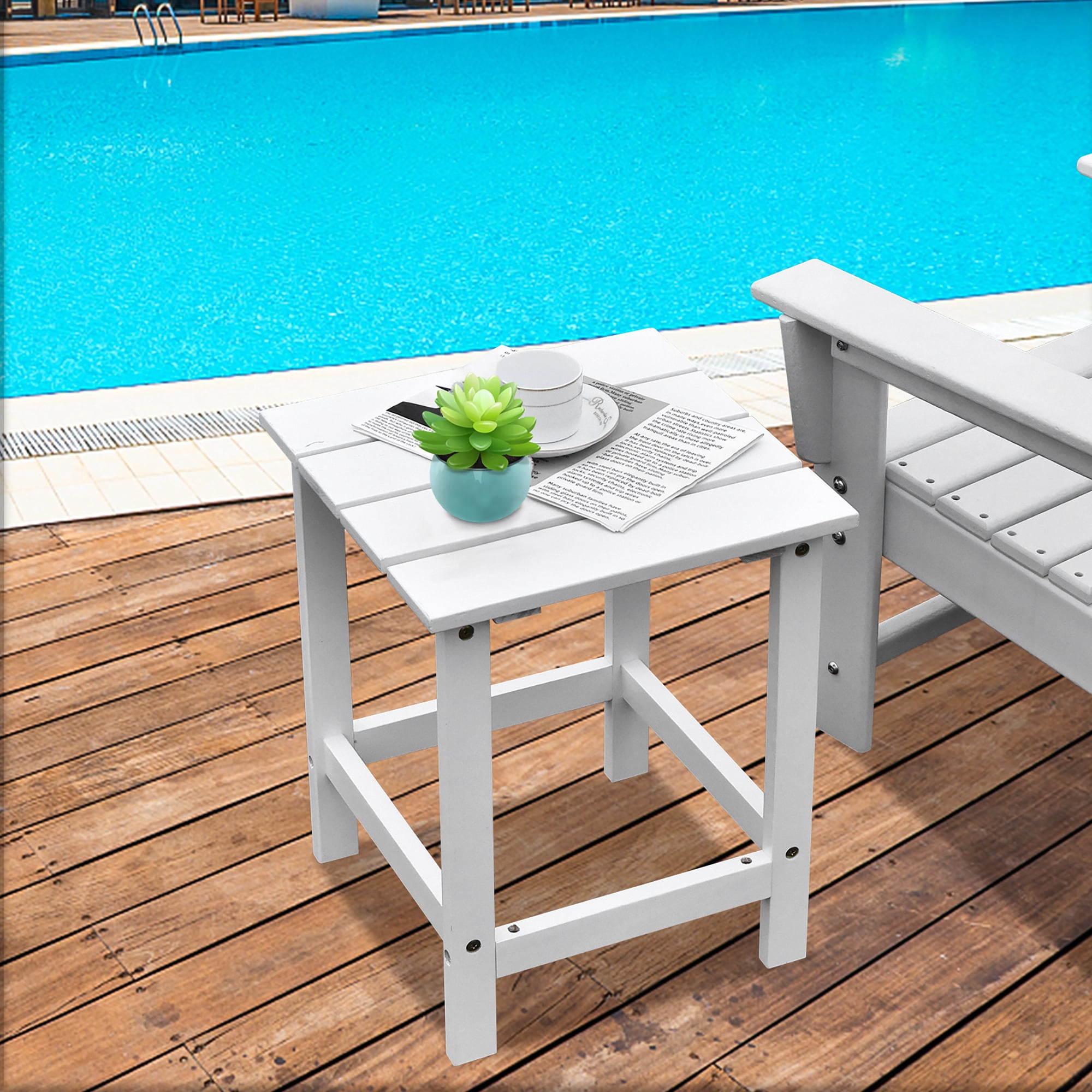 Costway Patio 15" End Side Coffee Table Square Wooden Slat Garden Deck White