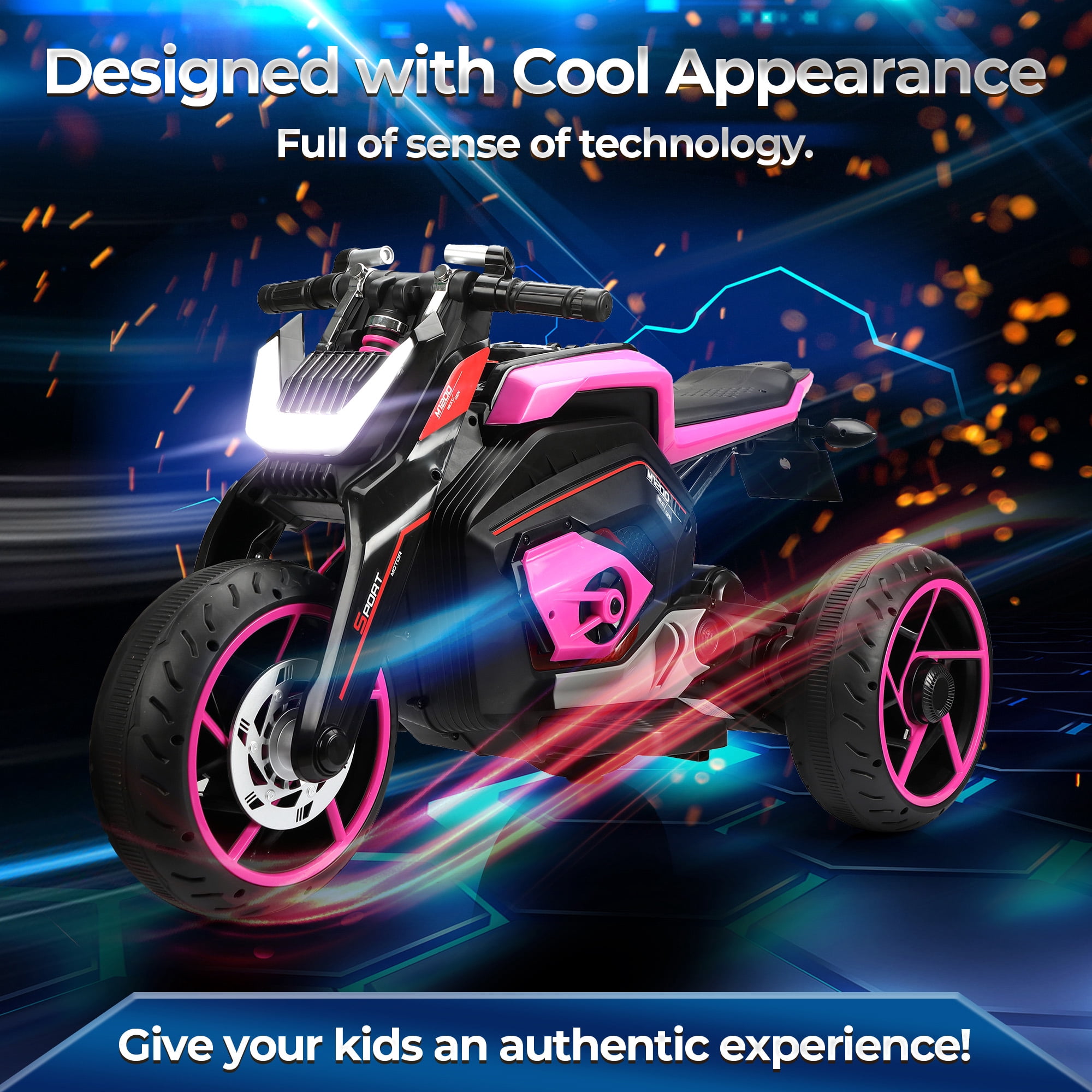 TOBBI 12V Kids Ride on Motorcycle Battery Powered Electric 3 Wheels Trike Motorcycle W/ Lights, Rose Red