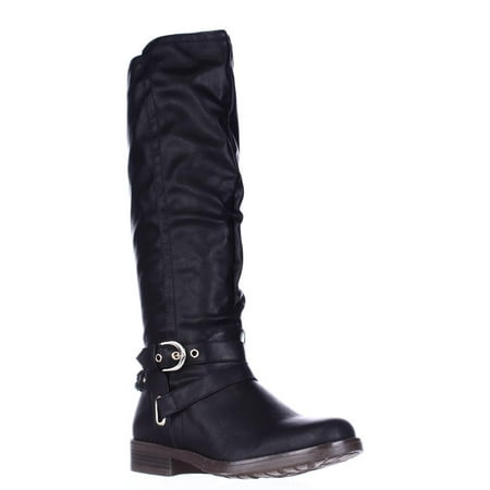 Womens XOXO Martin Wide Calf Braided Strap Riding Boots, Black, 7 (Best Boots For Wide Feet)