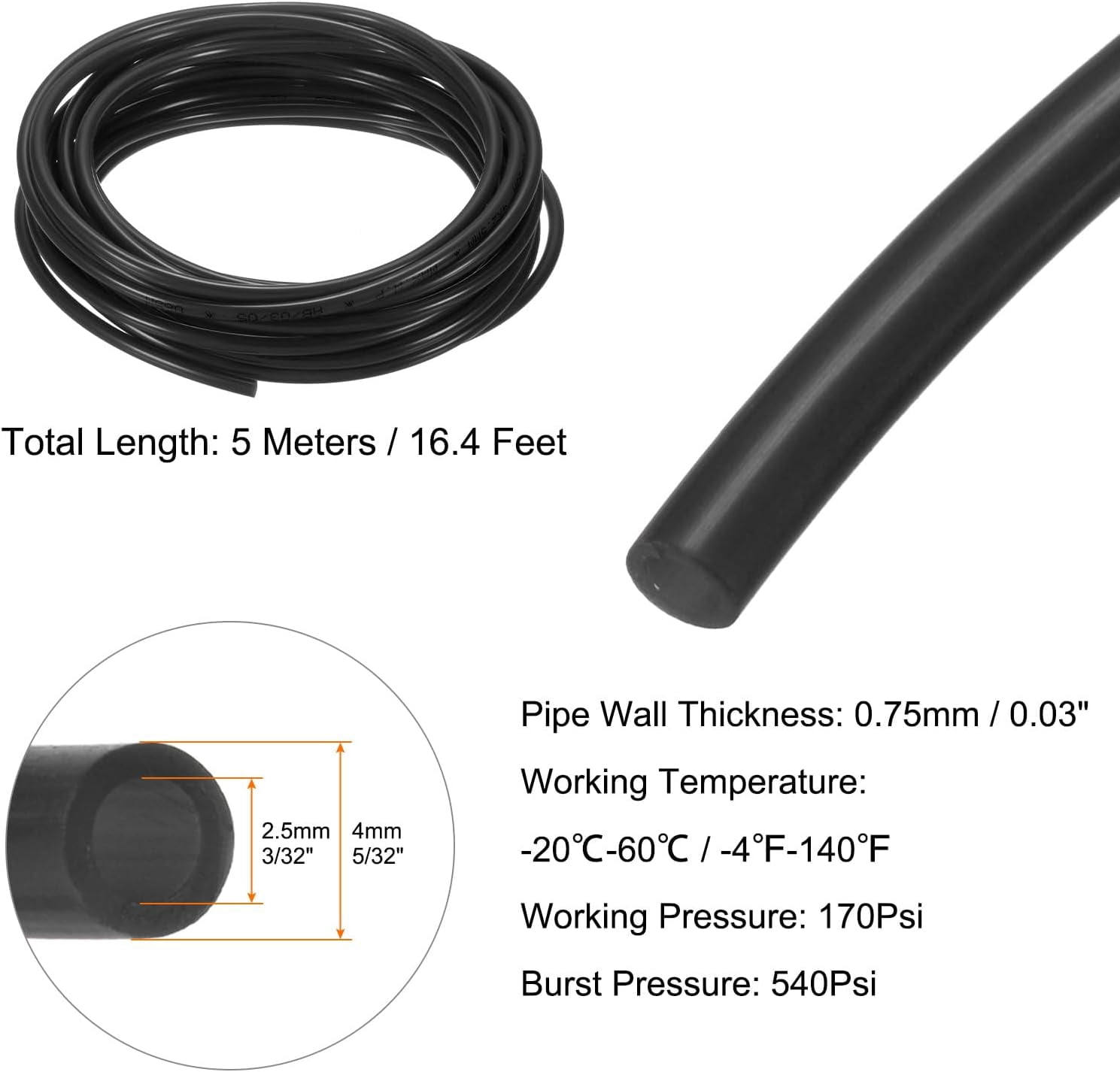 MKEUDQ-Pneumatic Tubing Pipe Pu Hose 4mm OD x 2.5mm ID 5 Meters(16.4 FT) Air Compressor PU Polyurethane Line Hose Tube for Air Compressor Water Fluid Transfer, Black