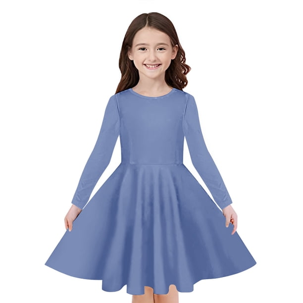 Odeerbi Niñas Manga Larga A-Vestido de Manga Larga Para Niñas Vestido Acampanado de Primavera Vestido Elástico de Colores Sólidos Vestido de Patinadora Twirly Vestido de Recital Escolar