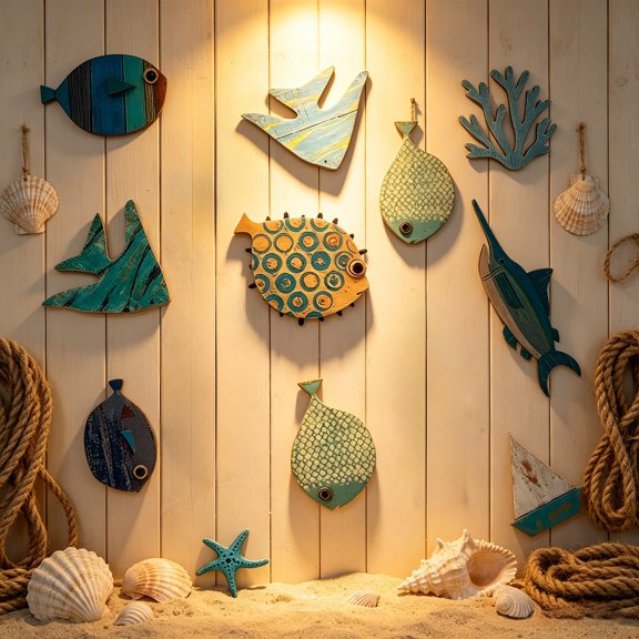 Fish Wall Decor, 10 Pcs Wooden School of Fish Hanging Wall Art, Nautical Beach Theme Decor for Bathroom & Home, Rustic Home Hanging Decorative Wall Art, Perfect Home Gift - Fish Wall Decor