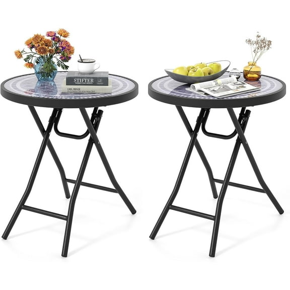 YEXJ Set of 2 Folding Outdoor Side Table, 18” Round End Table with Tempered Glass Tabletop & Metal Frame, Portable Sofa Side Table, Patio Coffee Table for Yard Porch Poolside Living Room, Grey