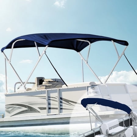 Bimini Top Cover 600D UV-Resistant Canvas, Tear & Fade Proof, Waterproof 4 Bow Boat Shade with Zippered Pockets, Pontoon Bimini Top with Frame Rustproof Square Poles, Navy 4 Bow 8'L 54" H 97"-103" W
