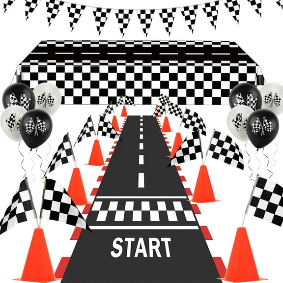 Race Car Party Decorations, Plutput 61 Pcs Set-12 Traffic Cones and 24 Racing Checkered Flags, 6.5Ft Racetrack Floor Runner and 9.8ft Checkered Race Track Banner, Tablecloth, Balloons and Ribbons