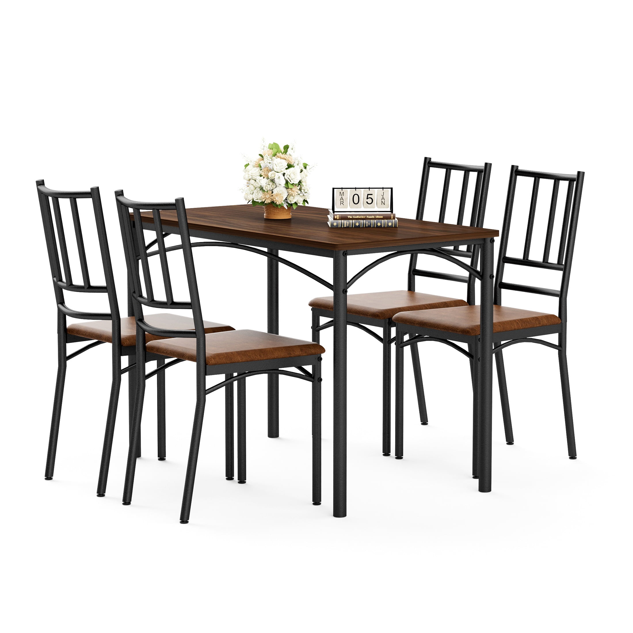 PORKISS 5-Piece Small Space Dining Set, 1 Table and 4 Chairs, Wood and Steel, Dining Table Set for 4 with Comfortable PU Seats, Walnut+Black