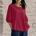 thumbnail image 2 of purcolt Women's Plus Size Cotton Linen T Shirts Scoop Neck Puff 3/4 Length Sleeve Womens Tops Solid Casual Loose Fit Blouses, 2 of 6