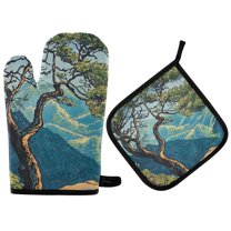 Yayeee Oven Mitts and Pot Holder Set of 2 Heat Resistant Kitchen Gloves Baking Hot Pad, Yellow Tree