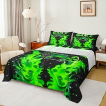 Manfei Boys Chic Gamepad Full Size Sheets, Green Flame Print Bed Sheets, Dreamy Stars Snowflake Sheet Sets, Lightweight Room Decor, 4-Piece