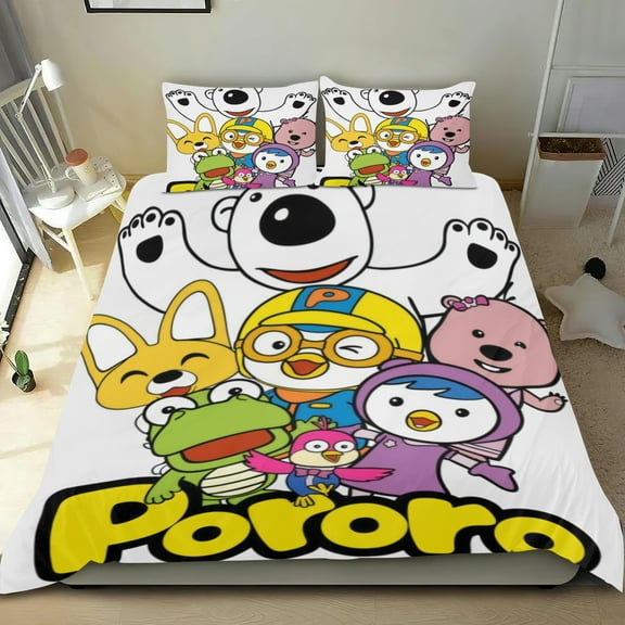 pororo the little penguin Themed Bed Sheet Set Three Piece Set 53x79 In ches Comfortable And Skin Friendly Unique Design Creating A Star Studded Night Home Decor Gifts For Family Friends fans
