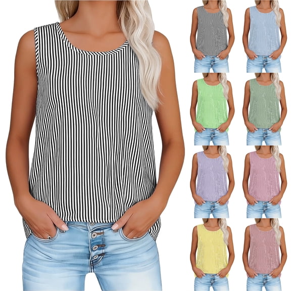 Otntypg Womens Summer Tops Striped Tank Top Lightweight Casual Cotton Linen Shirts Loose Fit Spring Crewneck Sleeveless Shirts Mint Green XXXL