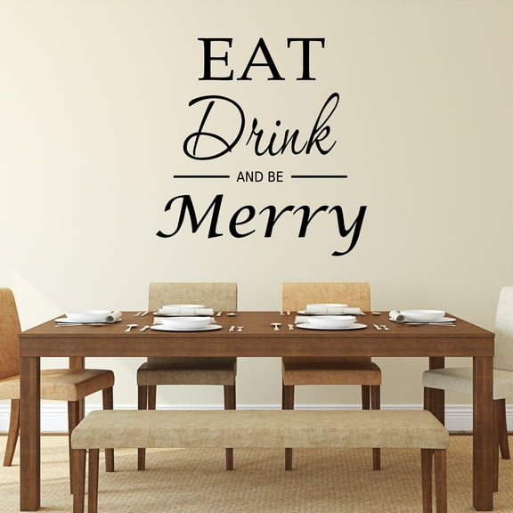 VWAQ Eat Drink And Be Merry, Kitchen Wall Words And Quotes Wall Decor Decals (22"H x 22"W BLK)