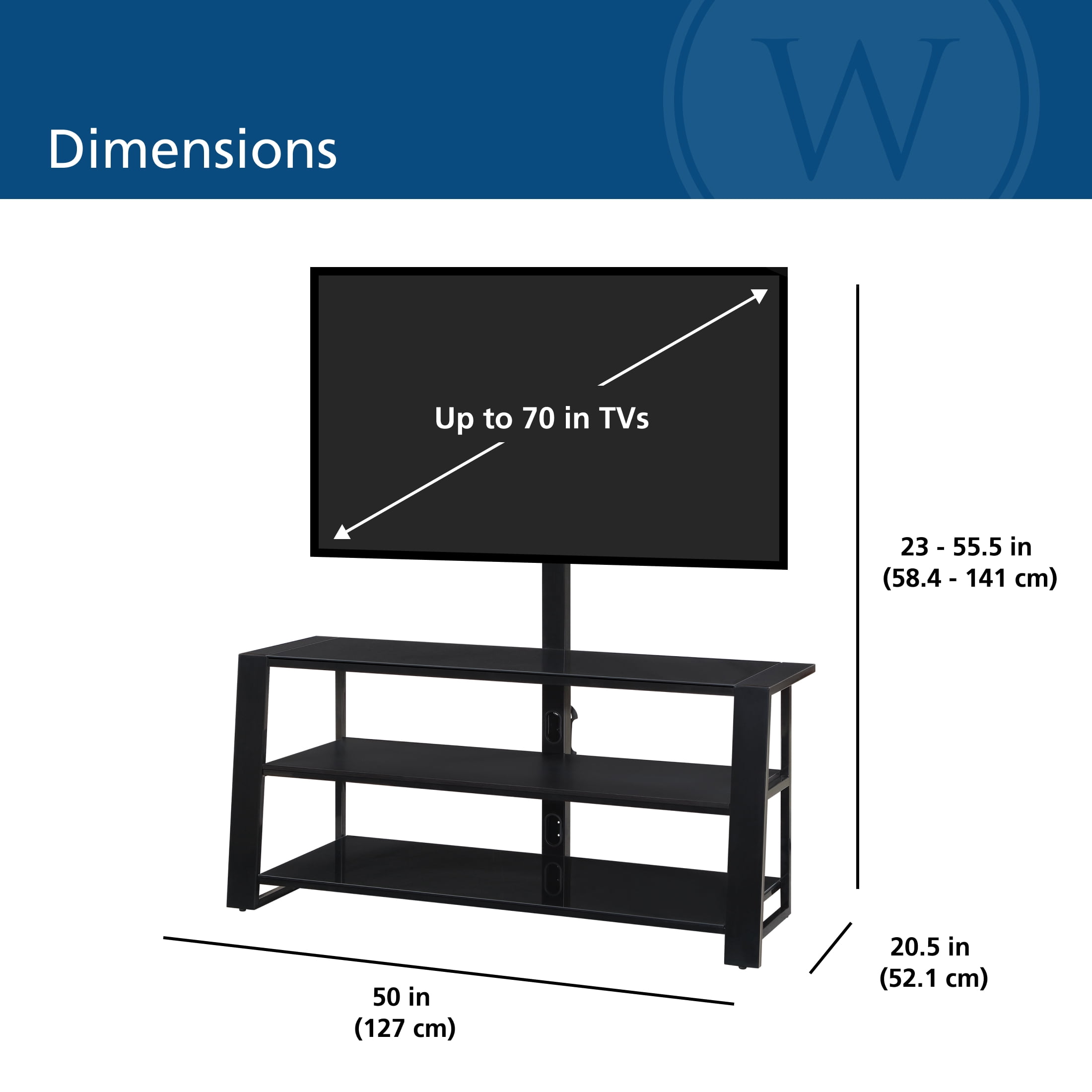 Whalen Zane 3-in-1 TV Stand for TVs up to 70 inch, Glassy Black Finish