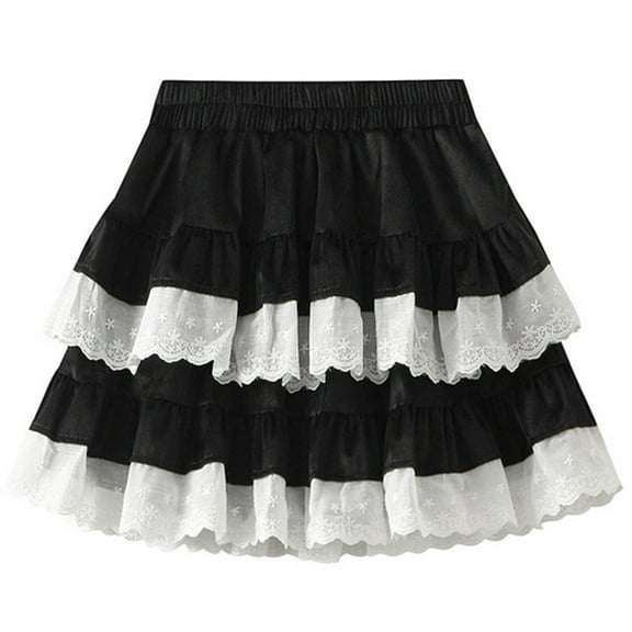 RUISINERY Women Aesthetic Sweet Layered Lace Trim Cake Skirt Double Tiered Velvets Elastic High Waist Short Skirt with Lining