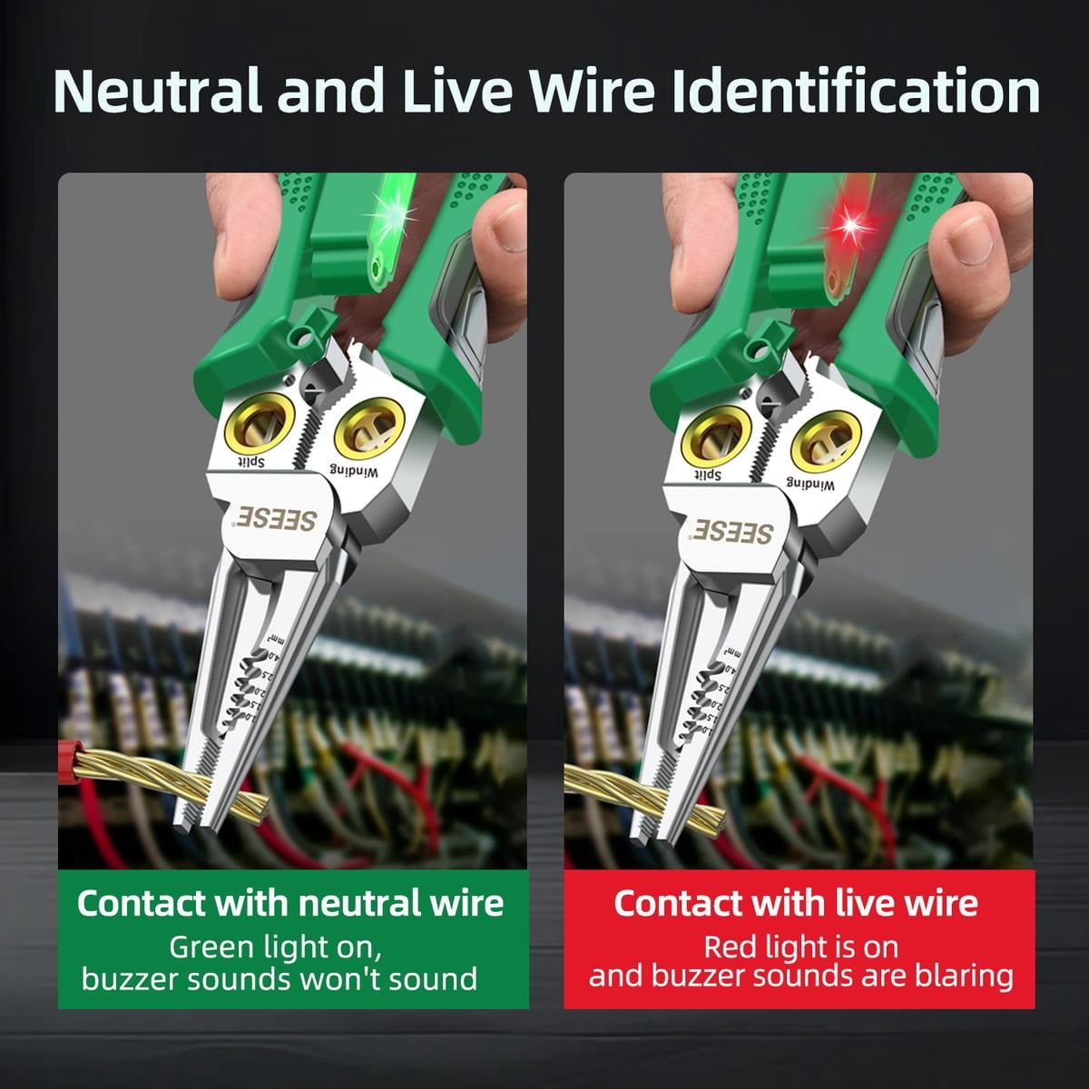 SEESE 8 in 1 Wire Stripper Twister for Cutting and Pulling Wires, Voltage Tester Pliers,Cable Scissors, 12V to 250V Live,Null,Hot Wire Judgment AC DC, Audible and Flashing LED Alarms