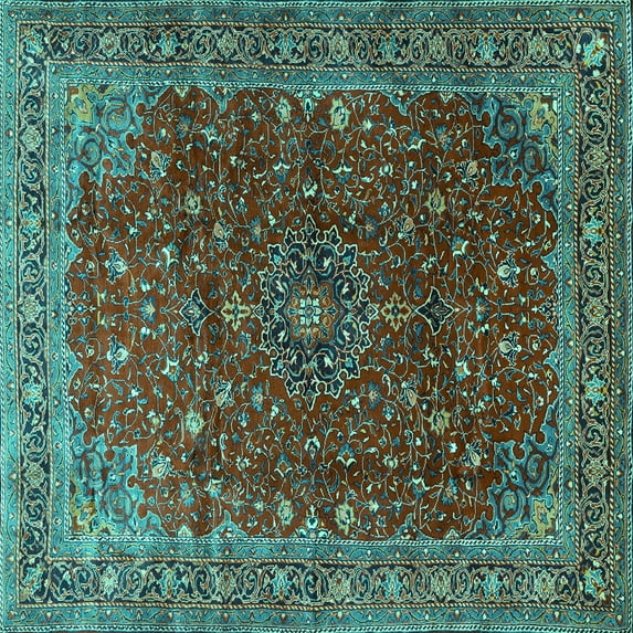 Ahgly Company Machine Washable Indoor Square Persian Turquoise Blue Traditional Area Rugs, 7' Square