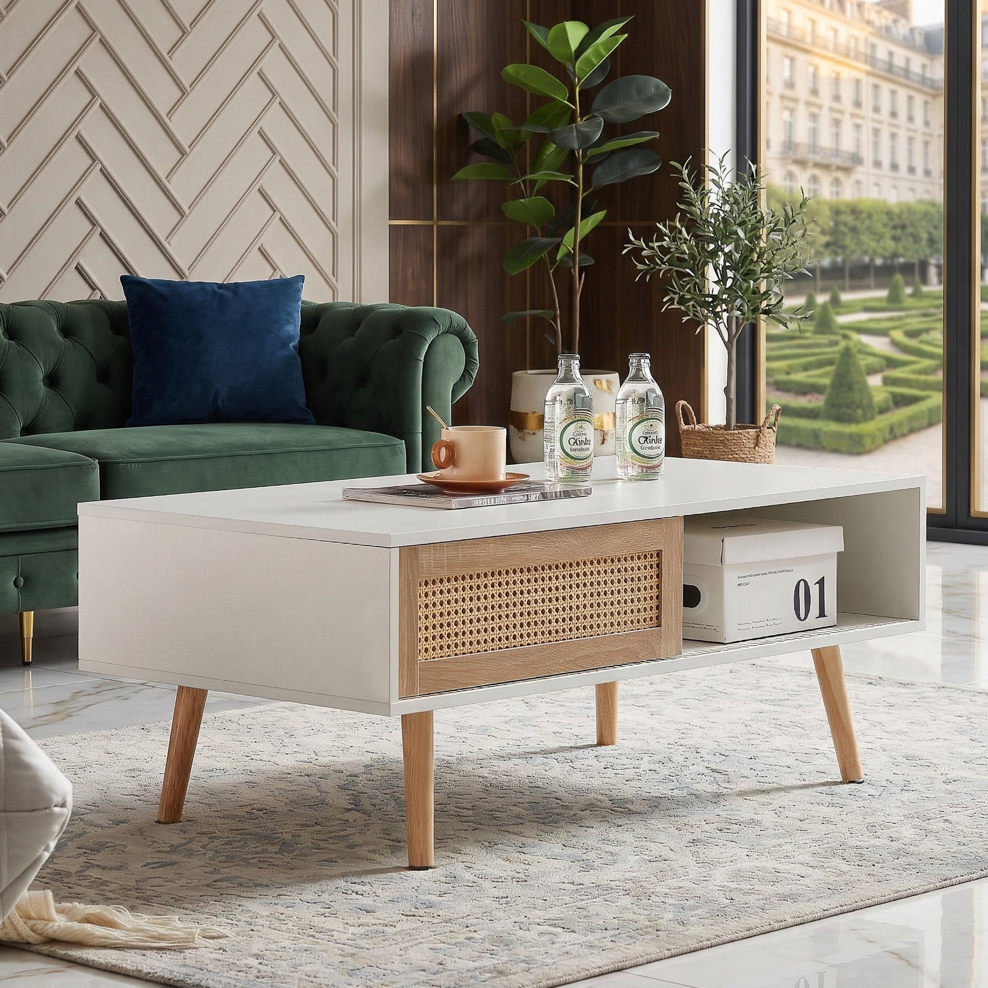 Leumius 41.3 Inch Rattan Coffee Table with Sliding Storage Door, Rectangle Wooden Accent Center Sofa Table with Solid Wood Legs,Suitable for Living Room,White