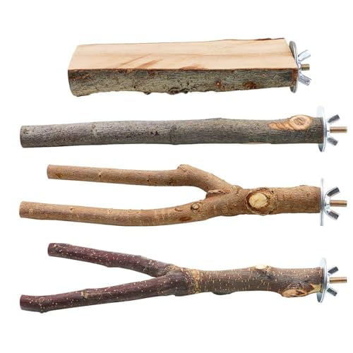 4 Pack Natural Wood Bird Perch Parrot Stand Branches Fork Toys,Pet Bird Cage Wooden Hanging Perch Platform Hammock Swing Toy for Small Parakeets,Budgies,Cockatiels,Conures,Finches