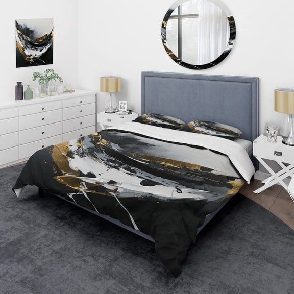 Designart "Subtle Elegance in Black and Gold X" Abstract Bedding Covert Set - Modern Black Bed Set With 2 Shams
