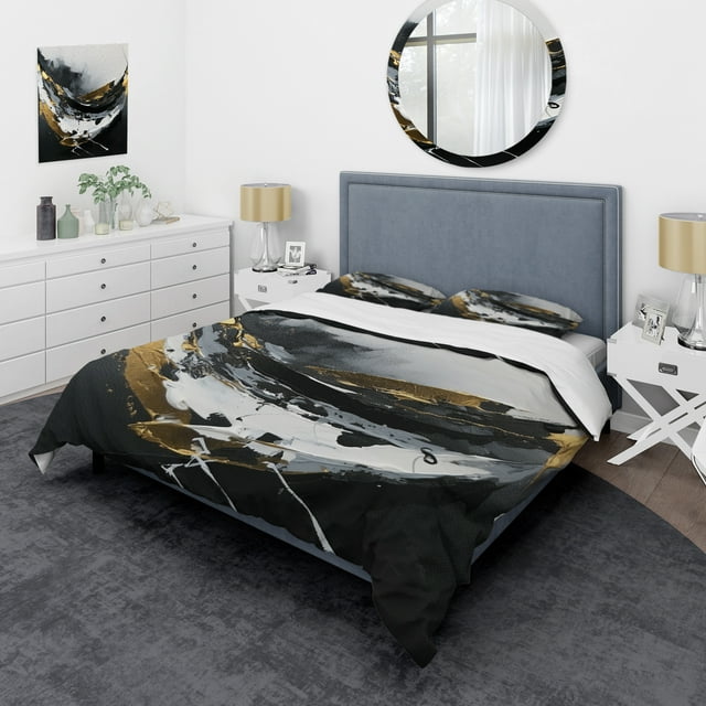 Designart "Subtle Elegance in Black and Gold X" Abstract Bedding Covert Set - Modern Black Bed Set With 1 Shams