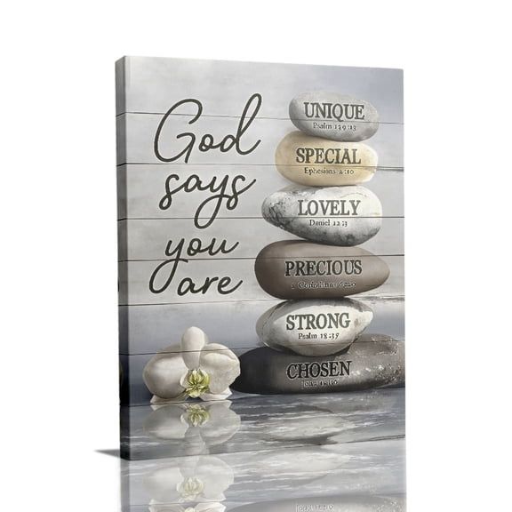 “Stacked Stones with Affirmations & Bible Verses (Calm Tone)” Spiritual Canvas Wall Art Ready to Hang for Living Room and Bedroom 12x8 inch