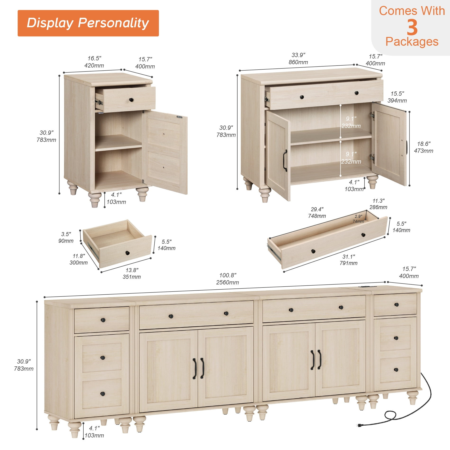 WAMPAT TV Stand for 100 Inch TV, 4-in-1 TV Console Table for 75/80/85/90 Inch TV, Farmhouse Entertainment Center with Charging Station, Kitchen Sideboard Buffet Cabinet for Dining Room, Beige