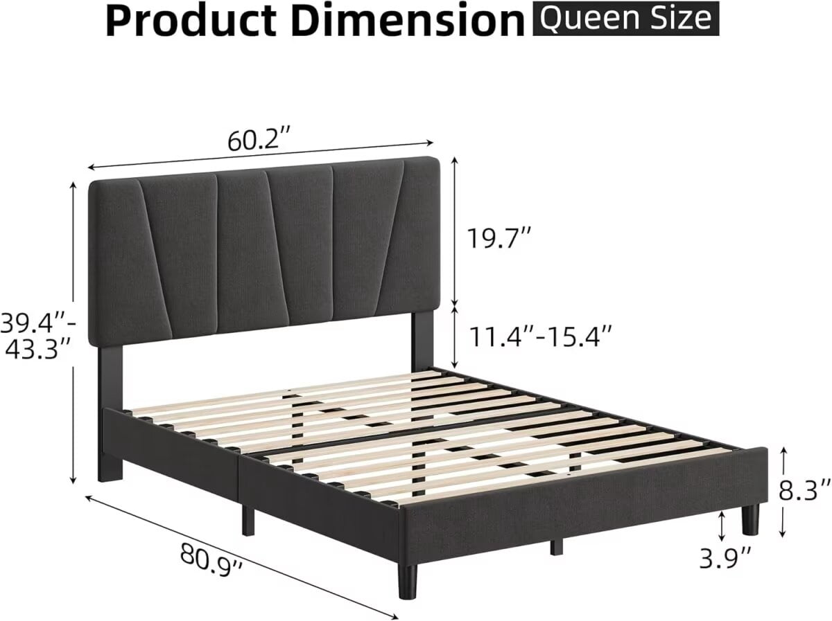 Queen Size Bed Frame with Adjustable Headboard, Upholstered Linen Platform Bed Frame with Strong Wooden Slats & Mattress Foundation, No Box Spring Needed, Easy Assembly, Dark Grey