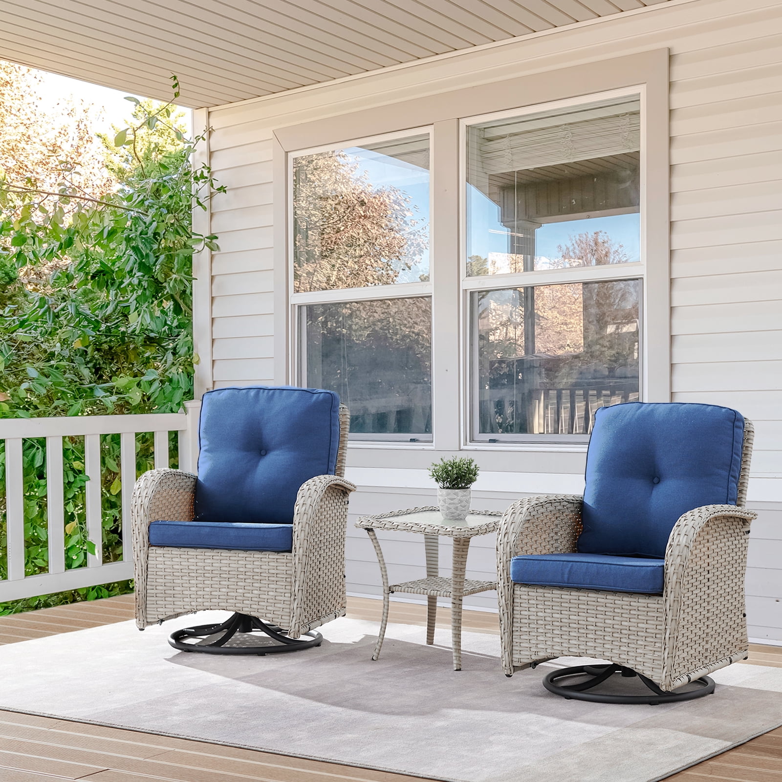 PARKWELL 3 Pieces Outdoor Swivel Gliders Rocker Set,High Back Wicker Patio Chairs with Side Table,Light Gray Rattan Deep Seating Furniture with Non-Slip Navy Cushion for Porch Deck Backyard