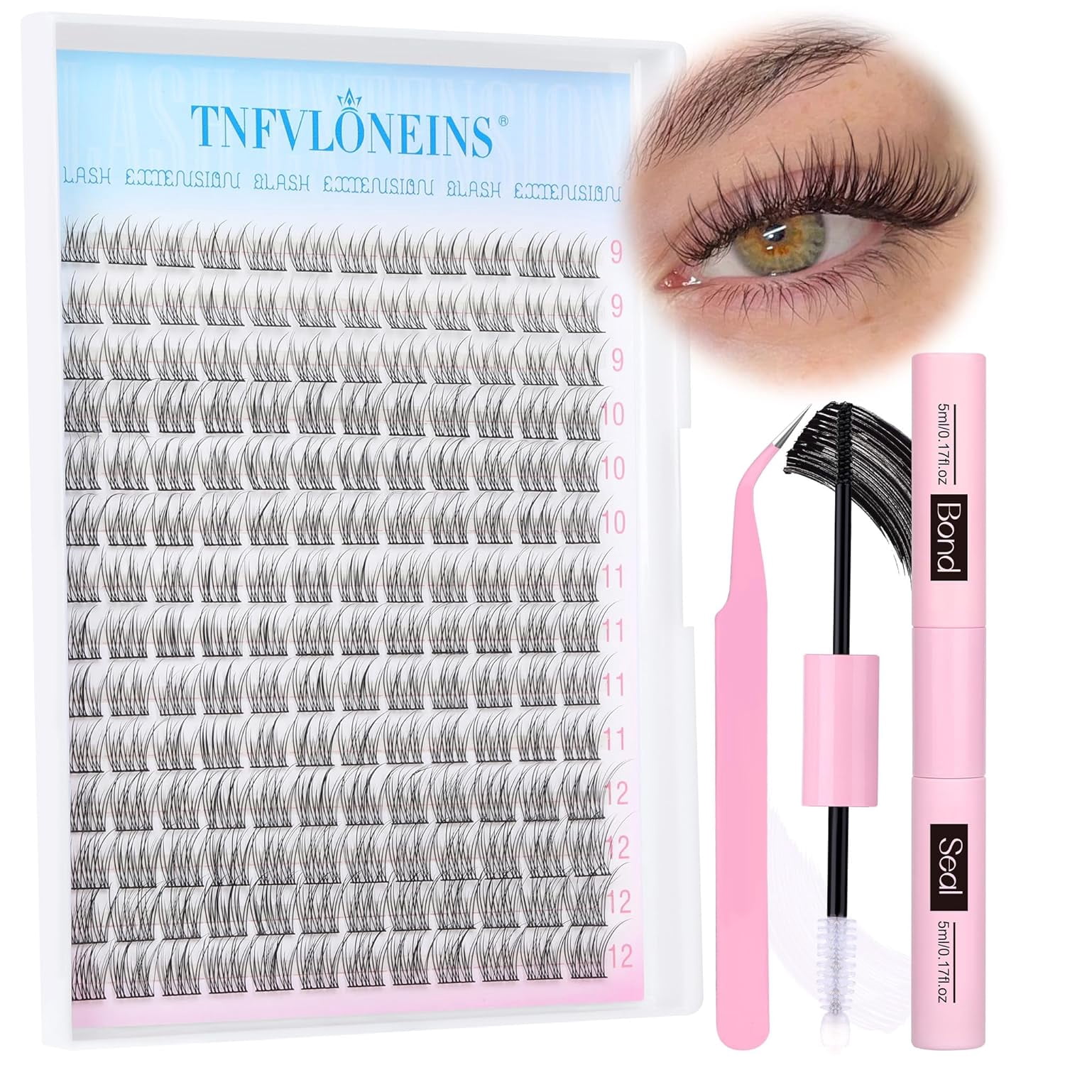 Natural Lash Extension Kit 168Pcs Lash Clusters Kit Wispy Eyelash Extensions 9-12MM Individual Lashes Extensions with Bond and Seal Lash Glue and Eyelash Extension Tweezers DIY at Home