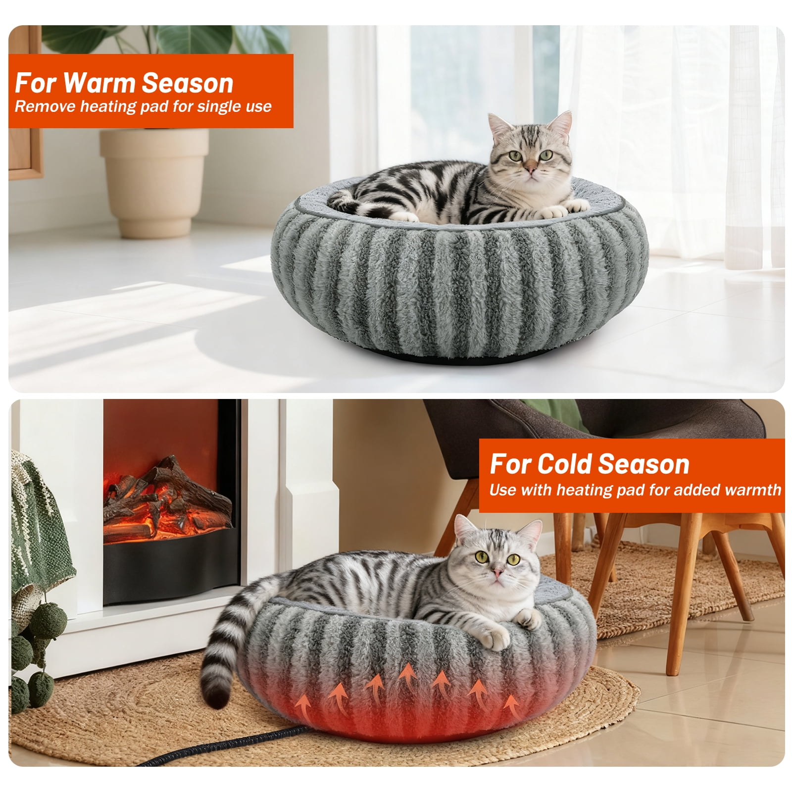 Heated Cat Bed Indoor for Cats and Small Dogs, 20in Donut Heating Pet Bed with Timer and Temperature Control, Waterproof Ultra Soft Cozy Washable Warming Bed, Gray