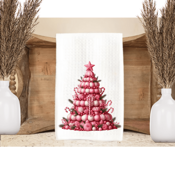 Christmas Tree Dish Towel Pink Kitchen Decor 16x24