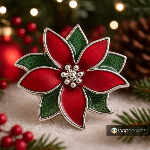 Poinsettia Flower Red Green Christmas Snap Jewelry Ginger Charm Button, For Interchangeable DIY Customizable Accessories