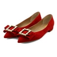 thumbnail image 3 of XYD Women Comfort Bowknot Pearls Buckle Flats Pointed Closed Toe Chunky Low Heel Slip On Loafers Shoes Size 11 Red, 3 of 4