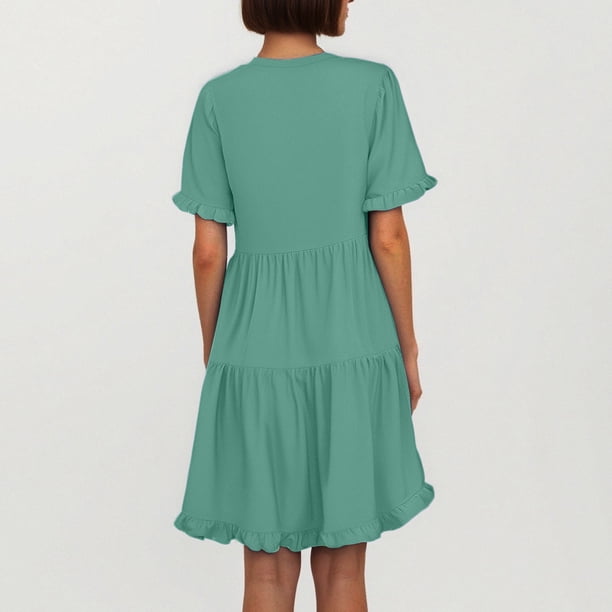 WILLBEST Vestido Informal De Mujer Con Cuello En V, Volantes, Manga Corta, Capas, Acampanado, Elástico En Cuatro Direcciones Para Primavera/Verano